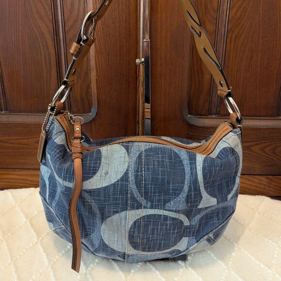 Coach Blue Denim and Tan Hobo Shoulder Bag Coach - Picture 1 of 13